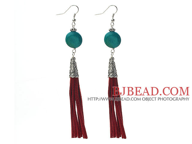 Long Style Flat Round Shape Phoenix Dangle Leather Tassel Earrings with Red Leather Tassel