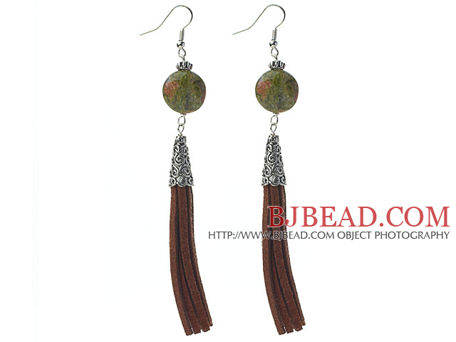 Long Style Flat Round Shape Unakite Dangle Leather Tassel Earrings with Brown Leather Tassel