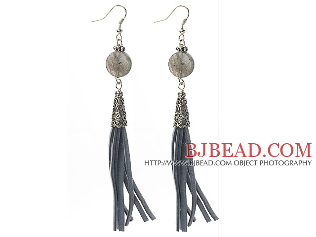 Long Style Flat Round Shape Flashing Stone Dangle Leather Tassel Earrings with Gray Leather Tassel