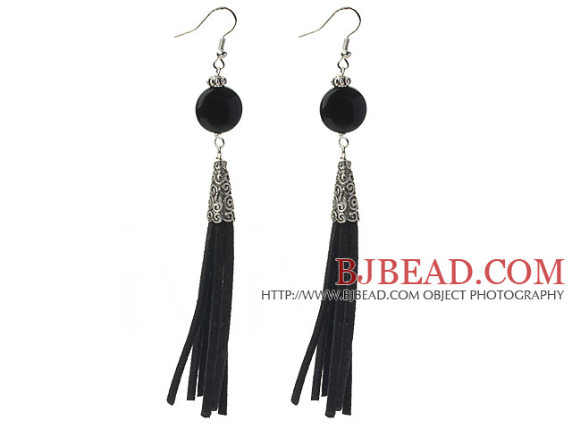 Long Style Flat Round Shape Faceted Black Agate Dangle Leather Tassel Earrings with Black Leather Tassel