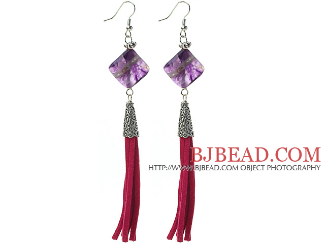 Long Style Rhombus Shape Amethyst Dangle Leather Tassel Earrings with Red Leather Tassel