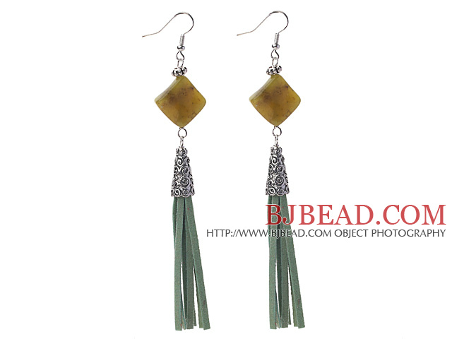 Long Style Rhombus Shape Olive Jade Dangle Leather Tassel Earrings with Green Leather Tassel