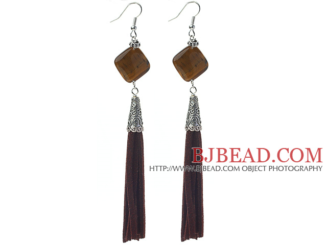 Long Style Rhombus Shape Tiger Eye Dangle Leather Tassel Earrings with Dark Brown Leather Tassel