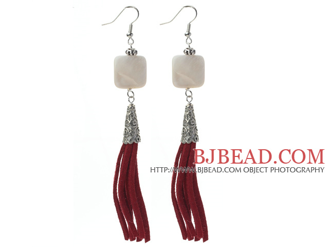 Long Style Square Shape White Shell Dangle Leather Tassel Earrings with Red Leather Tassel