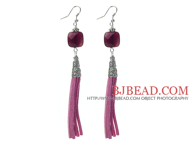 Long Style Square Shape Purple Agate Dangle Leather Tassel Earrings with Purple Leather Tassel