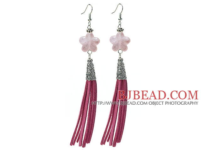 Long Style Star Shape Rose Quartz Dangle Leather Tassel Earrings with Pink Leather Tassel