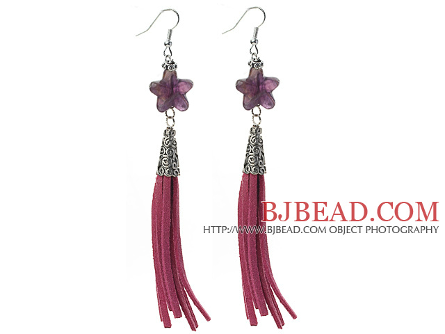 Long Style Star Shape Amethyst Dangle Leather Tassel Earrings with Purple Leather Tassel