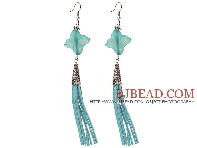Long Style Rhombus Shape Blue Jade Dangle Leather Tassel Earrings with Blue Leather Tassel