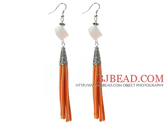 Long Style Cube Shape Rose Quartz Dangle Leather Tassel Earrings with Orange Leather Tassel