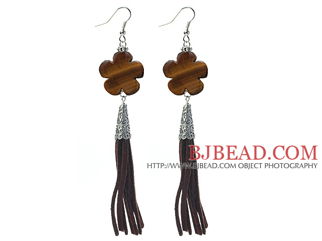 Long Style Flower Shape Tiger Eye Dangle Leather Tassel Earrings with Brown Leather Tassel