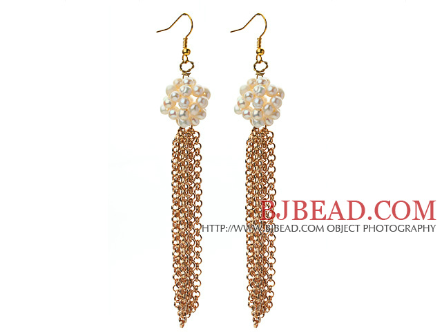 Long Style 3-4mm White Freshwater Pearl Tassel Earrings with Metal Chain Tassel