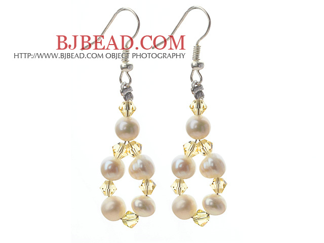 Fashion Style White Freshwater Pearl and Yellow Crystal Dangle Earrings