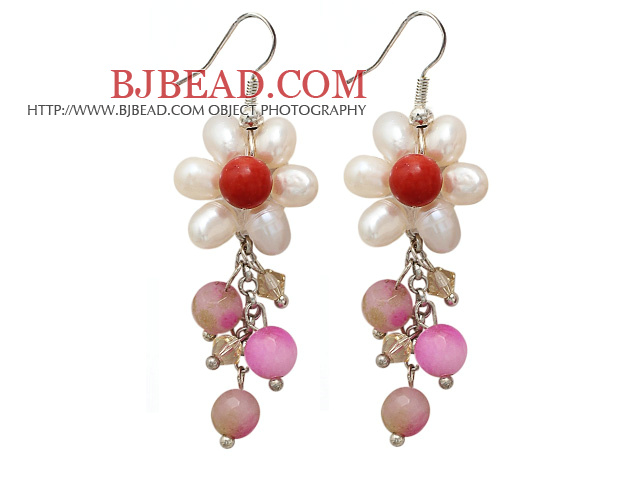 White Freshwater Pearl Crystal and Red Coral and Pink Jade Dangle Earrings