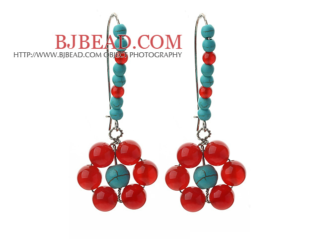 Fashion Style Assorted Carnelian and Green Turquoise Flower Shape Earrings