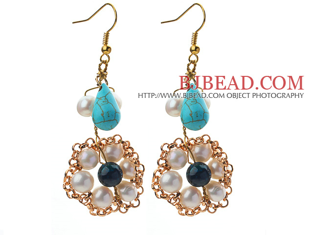 Fashion Style White Freshwater Pearl and Teardrop Shape Turquoise and Phoenix Earrings