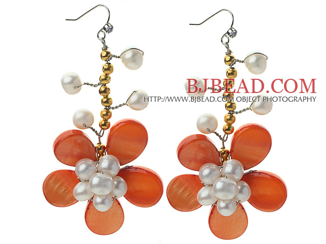 White Freshwater Pearl and Golden Color Metal Beads and Orange Shell Flower Crocheted Earrings