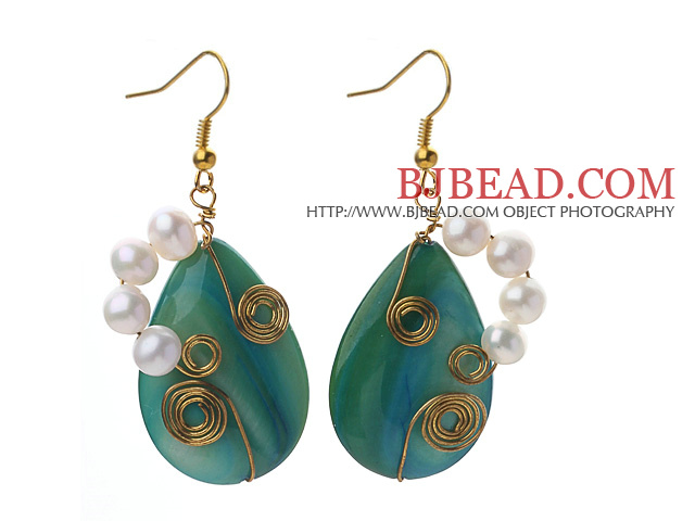 Wire Wrapped Teardrop Shape Lake Blue Shell and White Freshwater Pearl Earrings