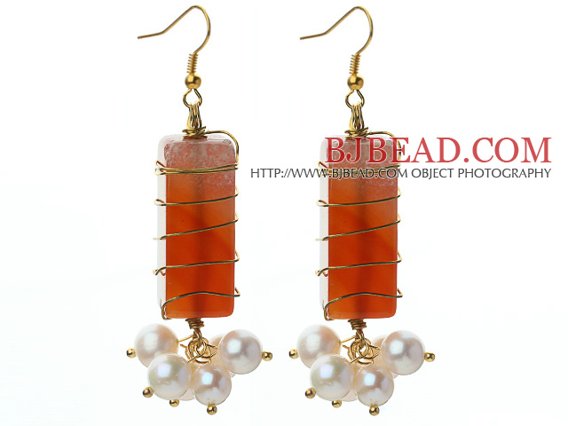 Wire Wrapped Rectangle Shape Carnelian and White Freshwater Pearl Earrings