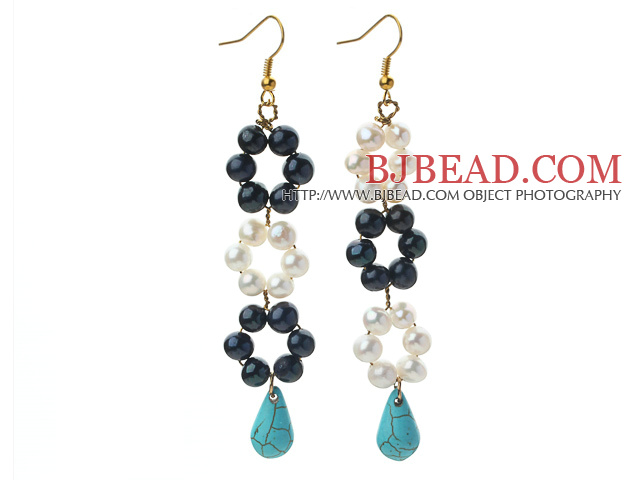 New Design Black and White Freshwater Pearl and Teardrop Shape Turquoise Link Earrings