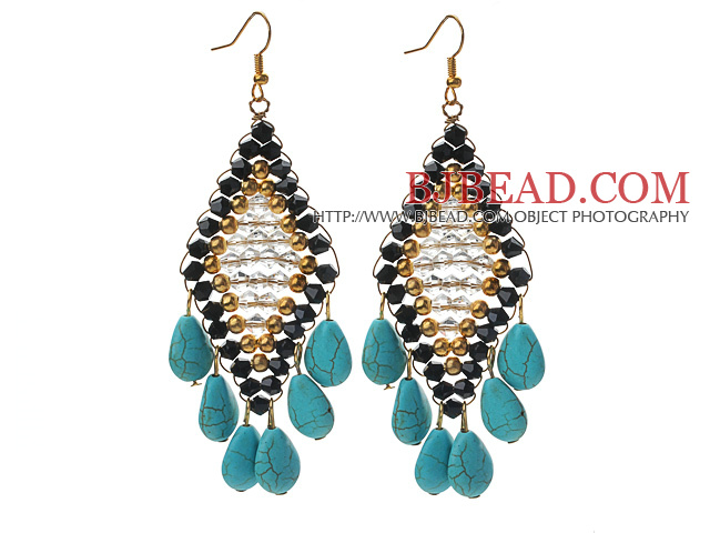 Black and Golden Color Crystal and Teardrop Shape Turquoise Earrings