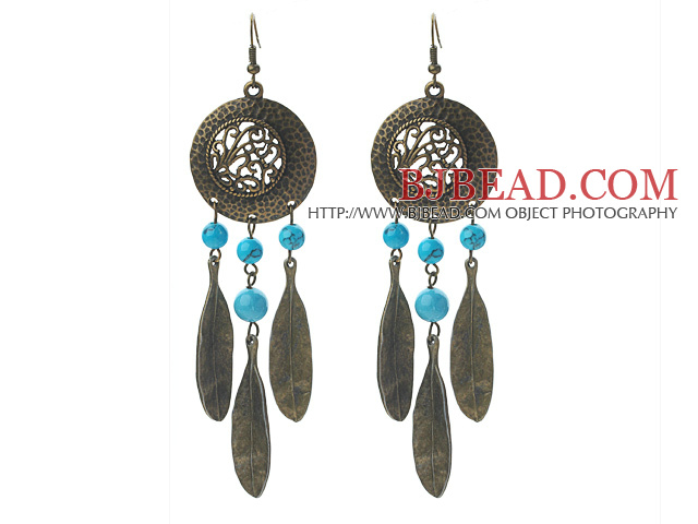 Vintage Style Turquoise and Leaf Shape Metal Earrings