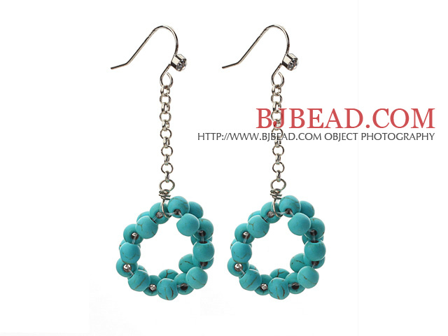 Dangle Style Ring Shape Turquoise Long Earrings with Metal Chain