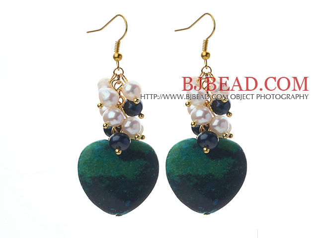 White and Black Freshwater Pearl and Heart Shape Phoenix Stone Earrings