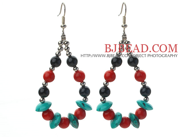 Assorted Turquoise and Red Coral and Black Agate Teardrop Shape Earrings
