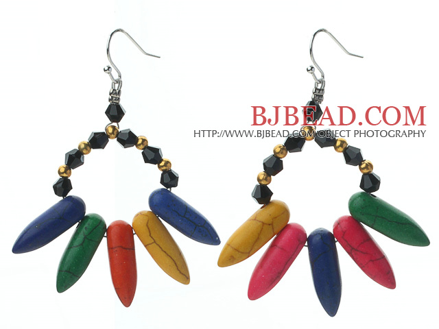 Black and Golden Color Crystal and Multi Color Teeth Shape Turquoise Earrings