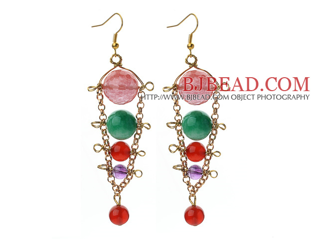 Assorted Carnelian and Amethyst and Cherry Quartz and Malaysia Jade Dangle Multi Color Earrings