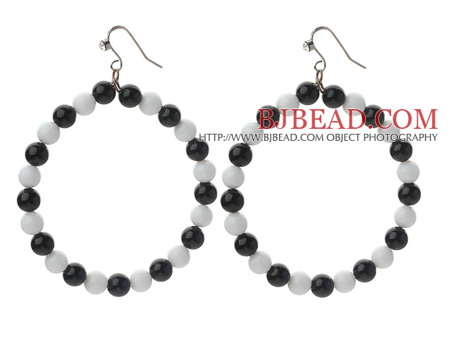 Round Black Crystal and White Porcelain Stone Big Loop Earrings