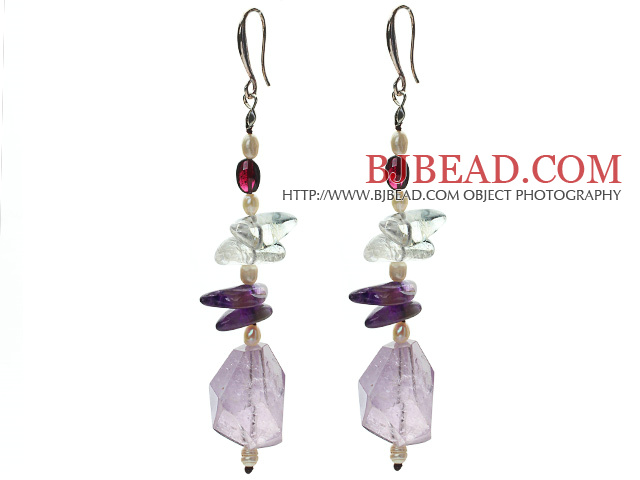 White Freshwater Pearl and Clear Crystal and Irregular Shape Amethyst Dangle Earrings