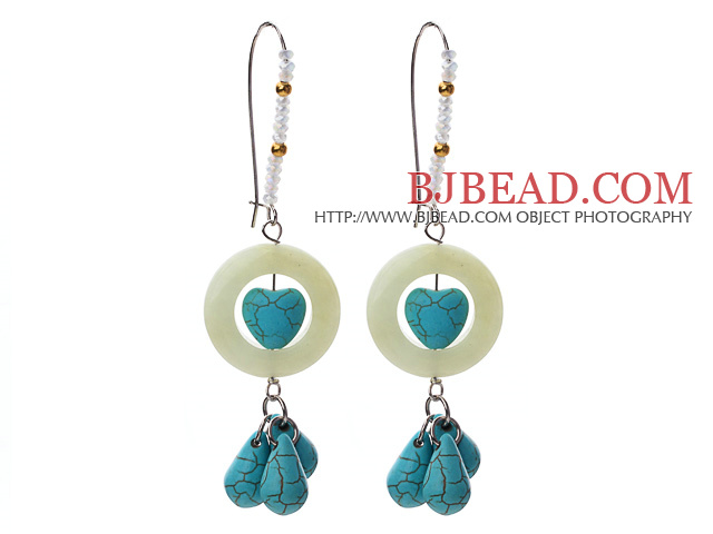 Fashion Style Donut Shape Serpentine Jade and Turquoise and Crystal Earrings