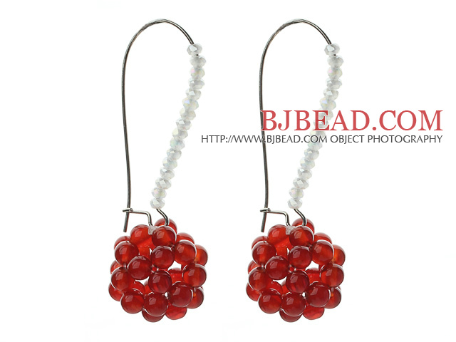 Fashion Style Ball Shape Carnelian and Milk Color Crystal Earrings
