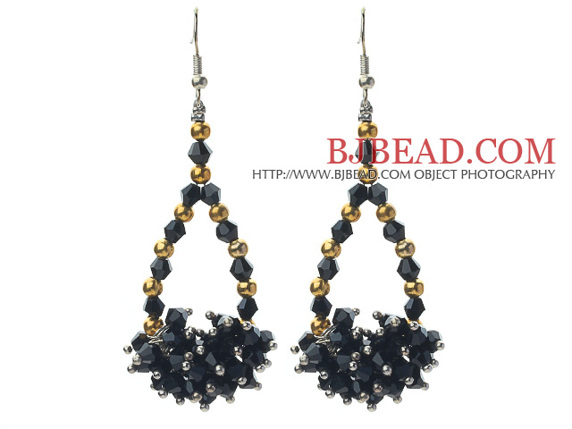 Assorted Black Crystal and Golden Color Metal Beads Drop Shape Earrings
