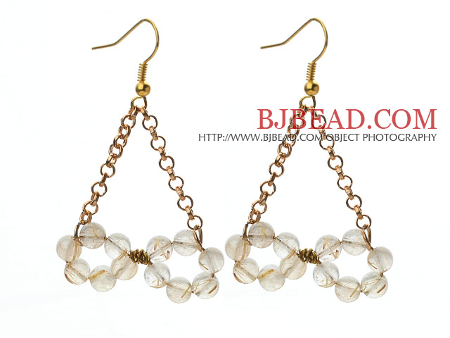 Triangle Shape Rutilated Quartz Earrings with Golden Color Metal Chain