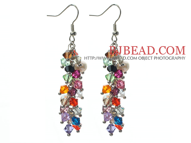 Assorted White Freshwater Pearl and Multi Color Austria Crystal Dangle Earrings