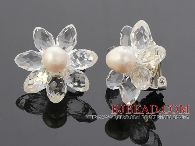 Natural White Freshwater Pearl And Faceted Manmade White Crystal Flower Clip-On Ear Studs