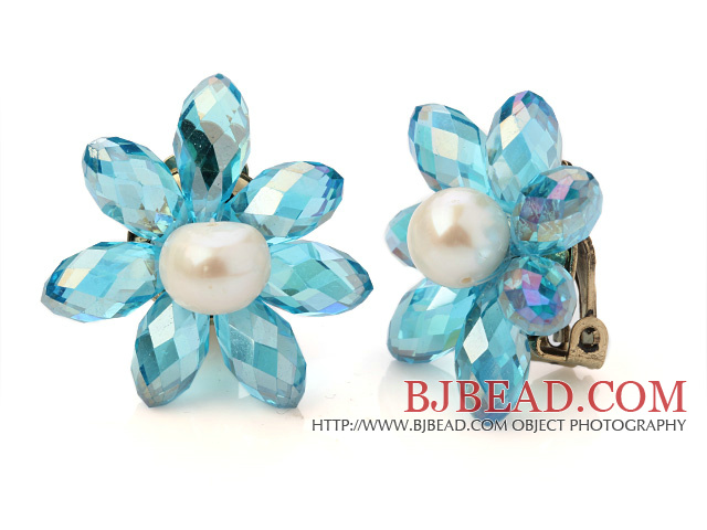 Fashion Natural White Freshwater Pearl And Faceted Manmade Blue Crystal Flower Clip-On Ear Studs