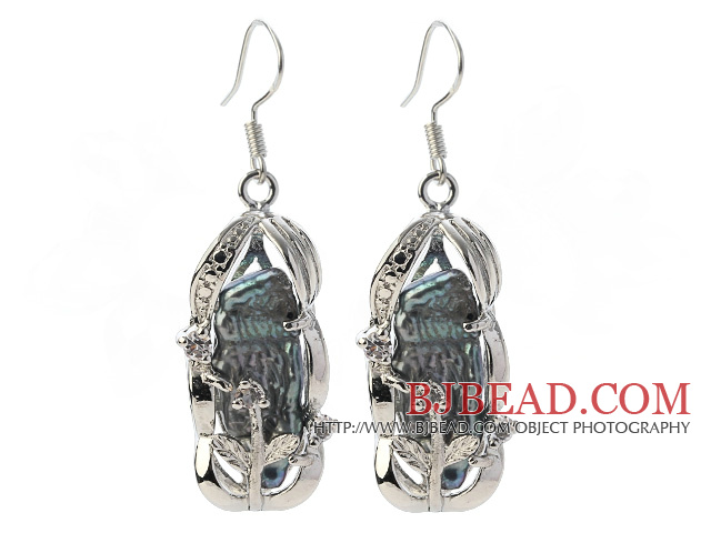 Classic Natural Black Biwa Pearl Rhinestone Charm Dangle Earrings With Fish Hook