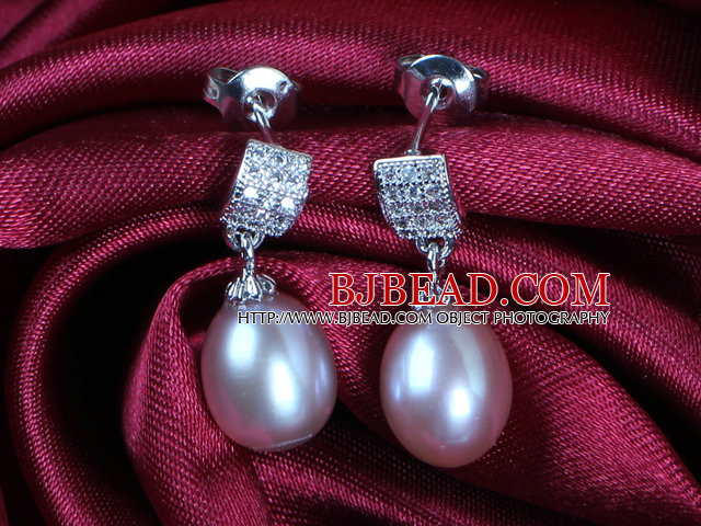 Classic Trendy Style Drop Shape Natural Purple Freshwater Pearl Earring Studs With Rhinestone Accessory