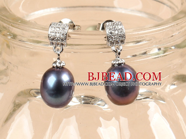 Classic Trendy Style Drop Shape Natural Black Freshwater Pearl Earring Studs With Rhinestone Accessory