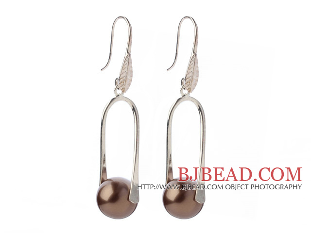 Nice Simple Style 12mm Round Coffee Brown Seashell Beads Dangle Earrings With Fish Hook