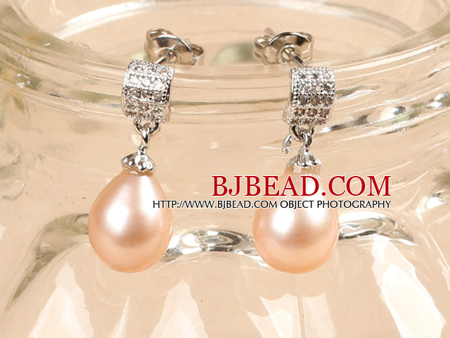 Classic Trendy Style Drop Shape Natural Pink Freshwater Pearl Earring Studs With Rhinestone Accessory