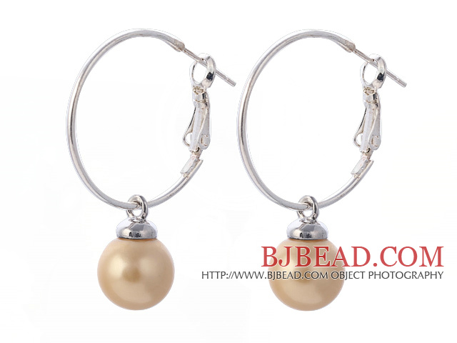 Fashion 10mm Round Yellow Seashell Beads Dangle Earrings With Large Hoop Earwires