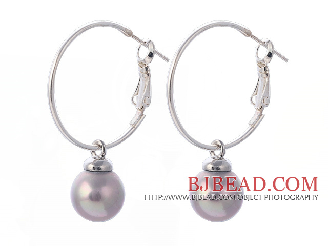Fashion 10mm Round Gray Colorful Seashell Beads Dangle Earrings With Large Hoop Earwires