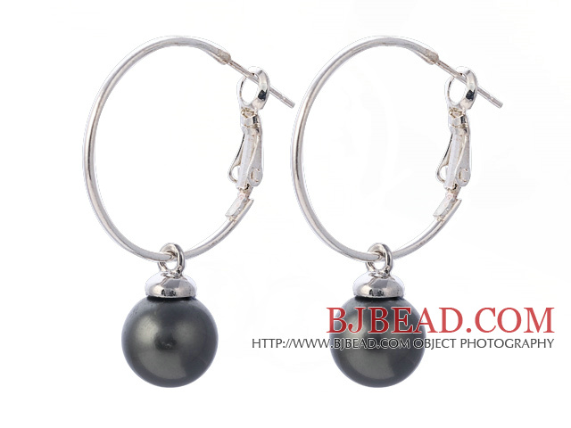 Nice 10mm Round Black Seashell Beads Dangle Earrings With Large Hoop Earwires