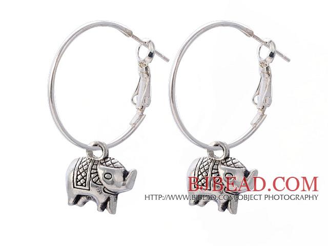 Lovely Elephant Pendant Charm Dangle Earrings With Large Hoop Earwires