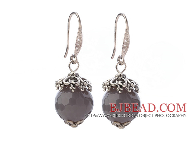 Classic 12mm Round Faceted Gray Agate Ball Flower Cap Charm Dangle Earrings