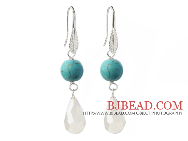 Lovely Round Green Turquoise And White Opal Crystal Dangle Earrings With Fish Hook